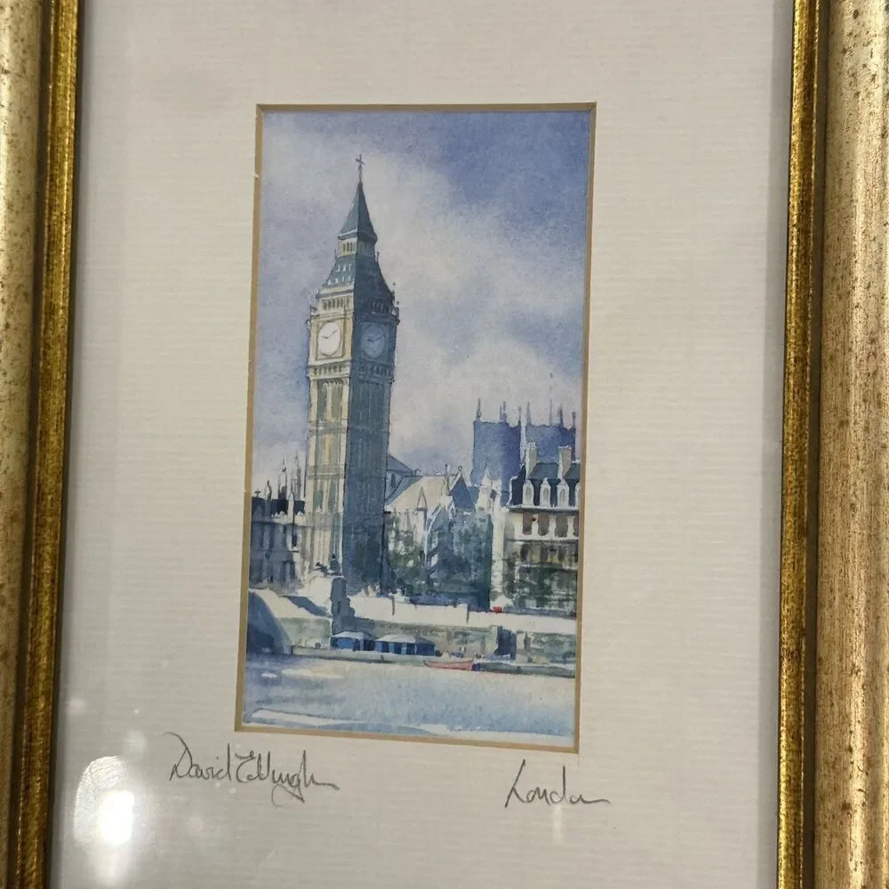 2 DAVID EDDINGTON vintage watercolour/lithograph of London Skyline Signed
